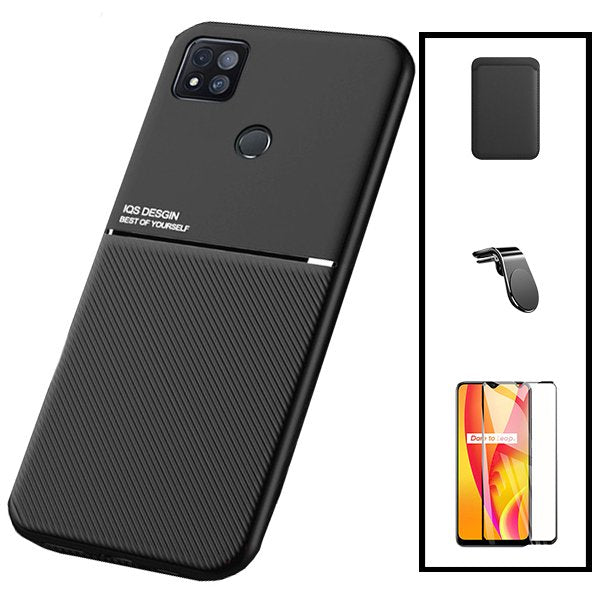 Kit Capa Magnetic Lux + Magnetic Wallet Preto + 5D Full Cover + Suporte Magnético L Safe Driving para Xiaomi Poco C31