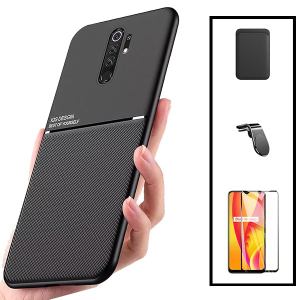 Kit Capa Magnetic Lux + Magnetic Wallet Preto + 5D Full Cover + Suporte Magnético L Safe Driving para Xiaomi Redmi 9 Prime