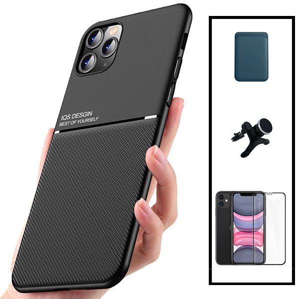 Kit Capa Magnetic Lux + Magnetic Wallet Azul + 5D Full Cover + Suporte Magnético de Carro Reforçado para Apple iPhone 12 Pro
