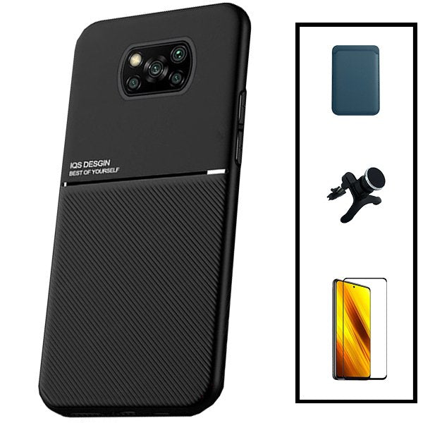 Kit Capa Magnetic Lux + Magnetic Wallet Azul + 5D Full Cover + Suporte Magnético de Carro Reforçado para Xiaomi Poco X3 NFC