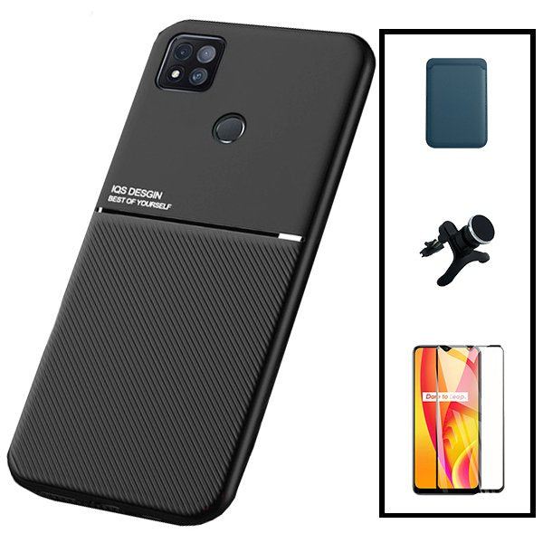 Kit Capa Magnetic Lux + Magnetic Wallet Azul + 5D Full Cover + Suporte Magnético de Carro Reforçado para Xiaomi Redmi 9 Activ