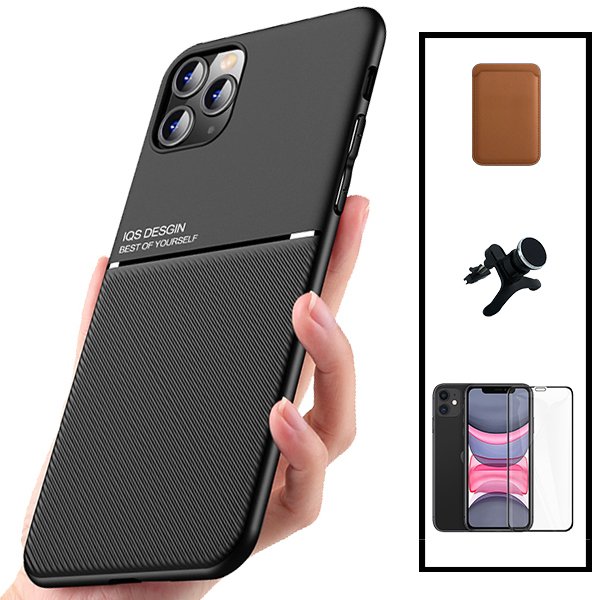 Kit Capa Magnetic Lux + Magnetic Wallet Castanho + 5D Full Cover + Suporte Magnético de Carro Reforçado para Xiaomi Mi 11 Lite
