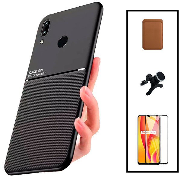 Kit Capa Magnetic Lux + Magnetic Wallet Castanho + 5D Full Cover + Suporte Magnético de Carro Reforçado para Huawei P Smart 2019