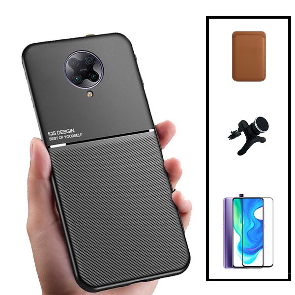 Kit Capa Magnetic Lux + Magnetic Wallet Castanho + 5D Full Cover + Suporte Magnético de Carro Reforçado para Xiaomi Poco F2 Pro