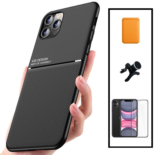 Kit Capa Magnetic Lux + Magnetic Wallet Laranja + 5D Full Cover + Suporte Magnético de Carro Reforçado para Apple iPhone 11