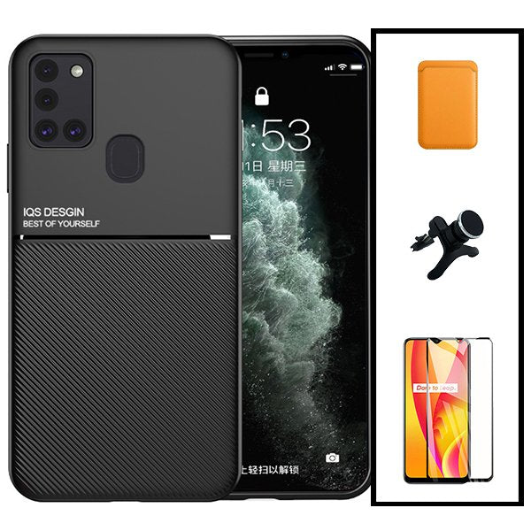 Kit Capa Magnetic Lux + Magnetic Wallet Laranja + 5D Full Cover + Suporte Magnético de Carro Reforçado para Samsung Galaxy M21