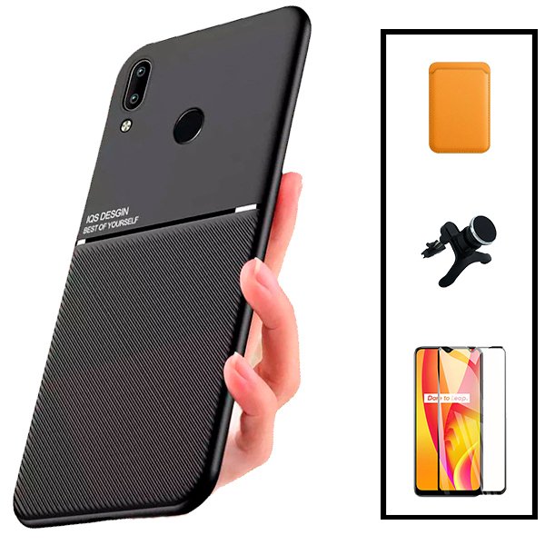 Kit Capa Magnetic Lux + Magnetic Wallet Laranja + 5D Full Cover + Suporte Magnético de Carro Reforçado para Huawei P Smart + Plus 2019