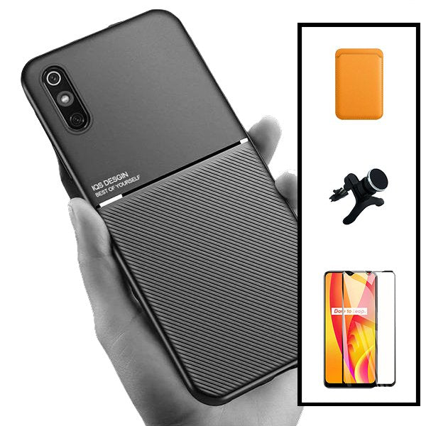 Kit Capa Magnetic Lux + Magnetic Wallet Laranja + 5D Full Cover + Suporte Magnético de Carro Reforçado para Xiaomi Redmi 9A Sport