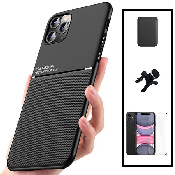 Kit Capa Magnetic Lux + Magnetic Wallet Preto + 5D Full Cover + Suporte Magnético de Carro Reforçado para Apple iPhone 13 Pro