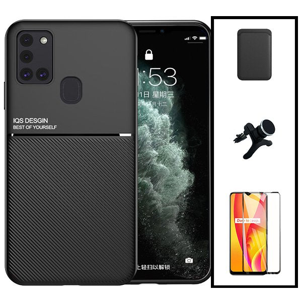 Kit Capa Magnetic Lux + Magnetic Wallet Preto + 5D Full Cover + Suporte Magnético de Carro Reforçado para Samsung Galaxy M21