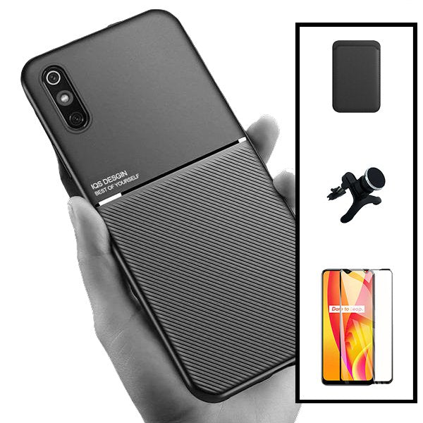 Kit Capa Magnetic Lux + Magnetic Wallet Preto + 5D Full Cover + Suporte Magnético de Carro Reforçado para Xiaomi Redmi 9A Sport