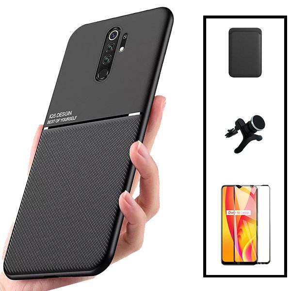 Kit Capa Magnetic Lux + Magnetic Wallet Preto + 5D Full Cover + Suporte Magnético de Carro Reforçado para Xiaomi Redmi 9 Prime