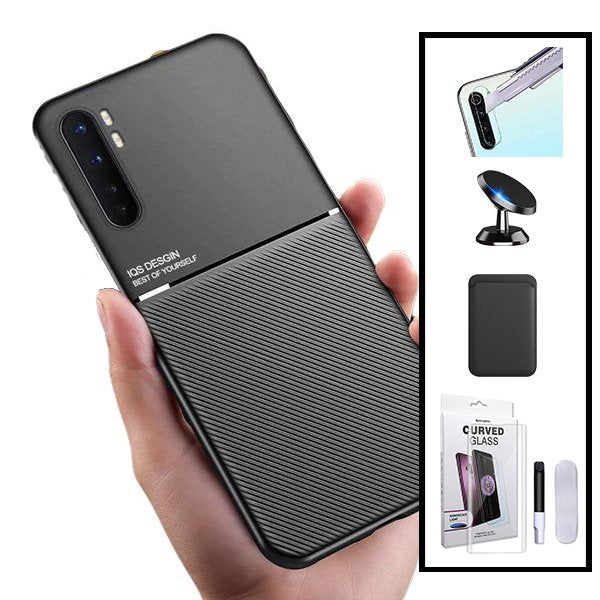 Kit Capa Magnetic Lux + Magnetic Wallet Preto + Película de Vidro Nano Curved UV + Película de Câmara Traseira + Suporte Magnético de Carro para Xiaomi Mi Note 10 Lite
