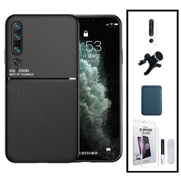 Kit Capa Magnetic Lux + Magnetic Wallet Azul + Película de Vidro Nano Curved UV + Película de Câmara Traseira + Suporte Magnético de Carro Reforçado para Xiaomi Mi Note 10 Pro
