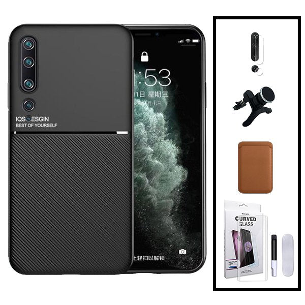 Kit Capa Magnetic Lux + Magnetic Wallet Castanho + Película de Vidro Nano Curved UV + Película de Câmara Traseira + Suporte Magnético de Carro Reforçado para Xiaomi Mi 10 Pro 5G