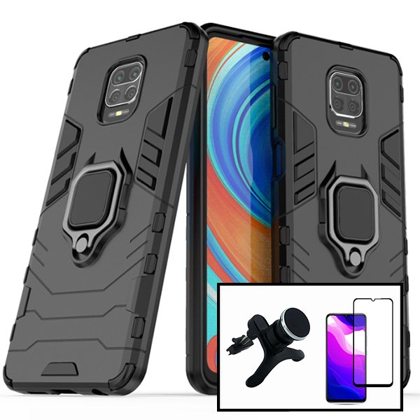 Kit Vidro Premium Full Cover + Capa 3X1 Military Defender + Suporte Magnético de Carro Reforçado para Xiaomi Redmi Note 9 Pro Max