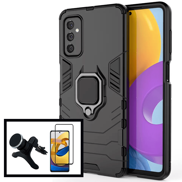 Kit Vidro Premium Full Cover + Capa 3X1 Military Defender + Suporte Magnético de Carro Reforçado para Samsung Galaxy M52 5G