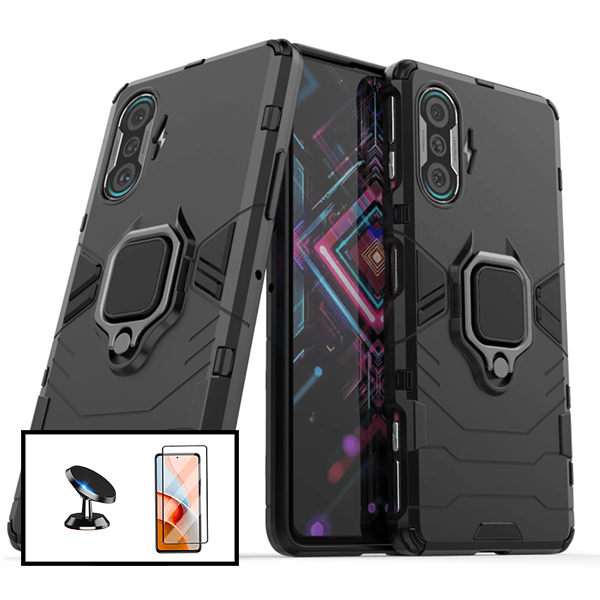 Kit Vidro Premium Full Cover + Capa 3X1 Military Defender + Suporte Magnético de Carro para Xiaomi Poco F3 GT