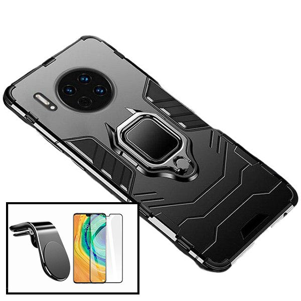 Kit Vidro Premium Full Cover + Capa 3X1 Military Defender + Suporte Magnético L Safe Driving Carro para Huawei Mate 30 5G