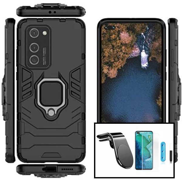 Kit Película de Vidro Nano Curved UV + Capa 3X1 Military Defender + Suporte Magnético L Safe Driving Carro para Huawei P40 Pro