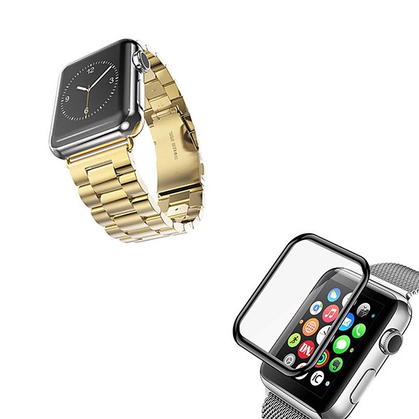 Kit Bracelete Aço Stainless Lux + Ferramenta + Película de Vidro 3D para Apple Watch Series 6 - 44mm - Ouro