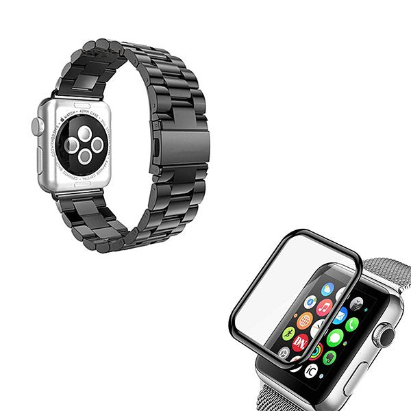 Kit Bracelete Aço Stainless Lux + Ferramenta + Película de Vidro 3D para Apple Watch Series 6 - 44mm - Preto
