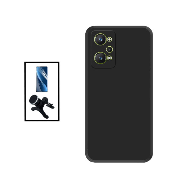 Kit Película Hydrogel Full Cover Frente + Capa Silicone Líquido + Suporte Magnético de Carro Reforçado para Realme GT Neo2 - Preto