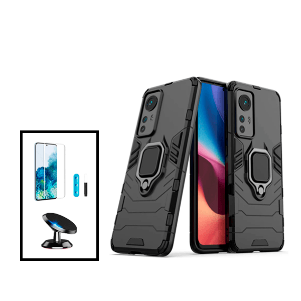 Kit Película de Vidro Nano Curved UV + Capa 3X1 Military Defender + Suporte Magnético de Carro para Xiaomi 12 - Preto