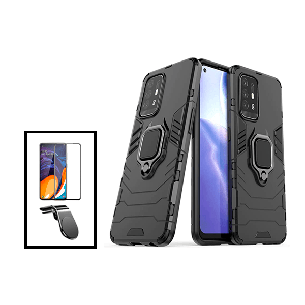 Kit Vidro Premium Full Cover + Capa 3X1 Military Defender + Suporte Magnético L Safe Driving Carro para Oppo F19 Pro+ 5G - Preto