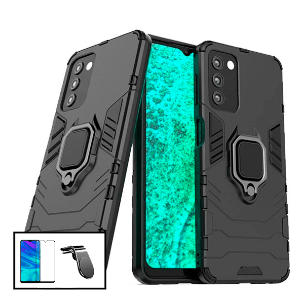 Kit Vidro Premium Full Cover + Capa 3X1 Military Defender + Suporte Magnético L Safe Driving Carro para Samsung Galaxy A03s