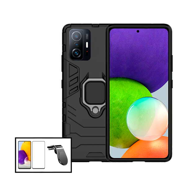 Kit Vidro Premium Full Cover + Capa 3X1 Military Defender + Suporte Magnético L Safe Driving Carro para Xiaomi 11T Pro