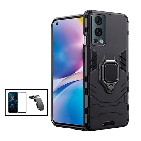 Kit Vidro Premium Full Cover + Capa 3X1 Military Defender + Suporte Magnético L Safe Driving Carro para OnePlus Nord 2 5G