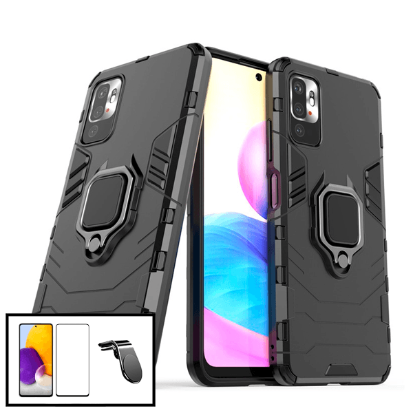 Kit Vidro Premium Full Cover + Capa 3X1 Military Defender + Suporte Magnético L Safe Driving Carro para Xiaomi Redmi 10 Prime
