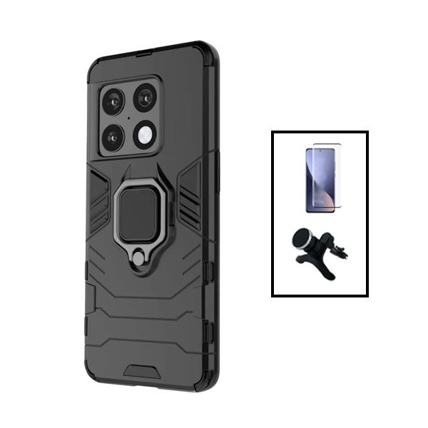 Kit Vidro Premium Full Cover + Capa 3X1 Military Defender + Suporte Magnético de Carro Reforçado para OnePlus Ace Pro - Preto