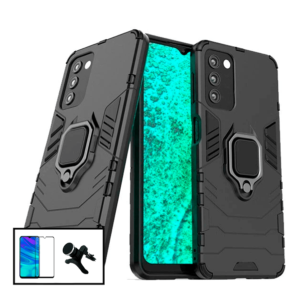 Kit Vidro Premium Full Cover + Capa 3X1 Military Defender + Suporte Magnético de Carro Reforçado para Samsung Galaxy A03s