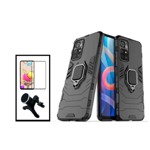 Kit Vidro Premium Full Cover + Capa 3X1 Military Defender + Suporte Magnético de Carro Reforçado para Xiaomi Poco M4 Pro 5G - Preto