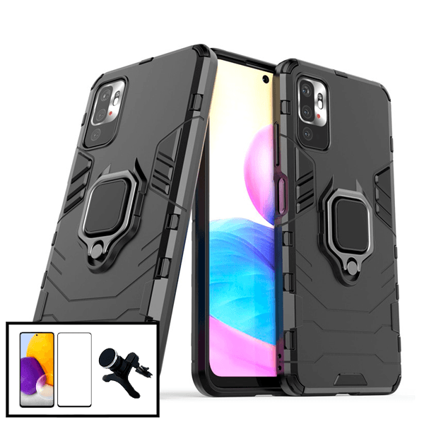 Kit Vidro Premium Full Cover + Capa 3X1 Military Defender + Suporte Magnético de Carro Reforçado para Xiaomi Redmi 10 Prime