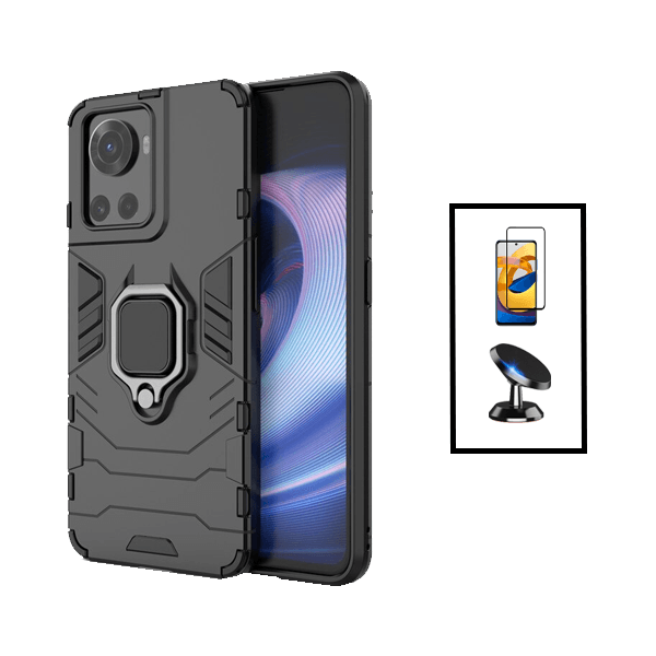 Kit Vidro Premium Full Cover + Capa 3X1 Military Defender + Suporte Magnético de Carro para OnePlus 10R 5G - Preto