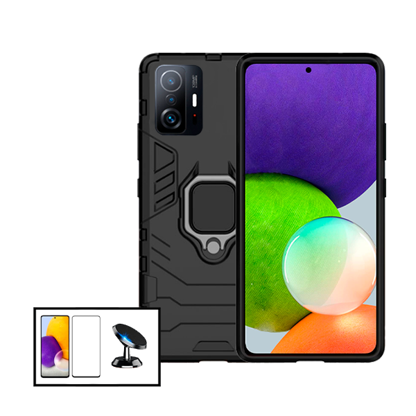 Kit Vidro Premium Full Cover + Capa 3X1 Military Defender + Suporte Magnético de Carro para Xiaomi 11T