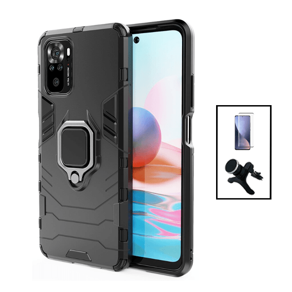 Kit Vidro Premium Full Cover + Capa 3X1 Military Defender + Suporte Magnético de Carro Reforçado para Xiaomi Poco M5S - Preto