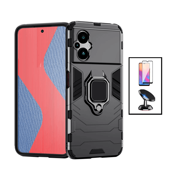 Kit Vidro Premium Full Cover + Capa 3X1 Military Defender + Suporte Magnético de Carro para Xiaomi Poco M5 - Preto