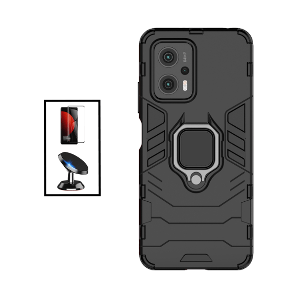 Kit Vidro Premium Full Cover + Capa 3X1 Military Defender + Suporte Magnético de Carro para Xiaomi Poco X4 GT - Preto