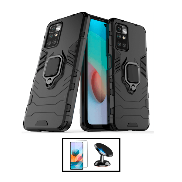 Kit Vidro Premium Full Cover + Capa 3X1 Military Defender + Suporte Magnético de Carro para Xiaomi Redmi 10 Prime 2022 - Preto