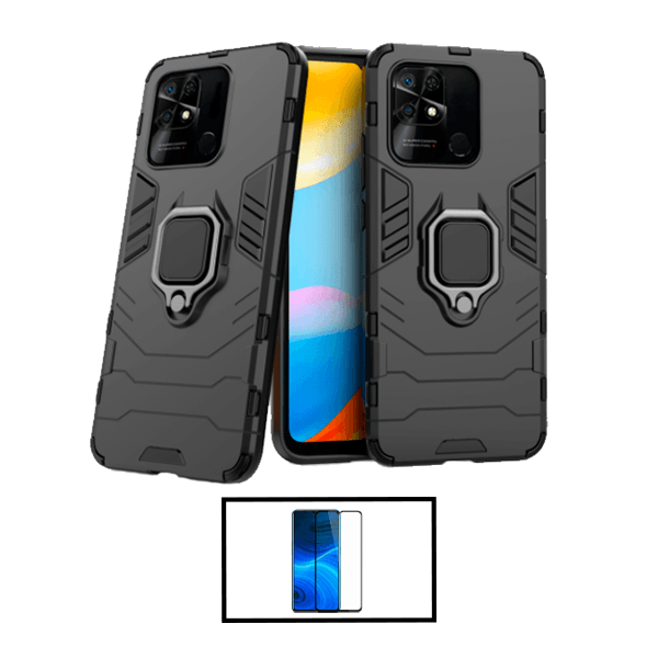 Kit Vidro Premium Full Cover + Capa 3X1 Military Defender para Xiaomi Redmi 10 Power - Preto