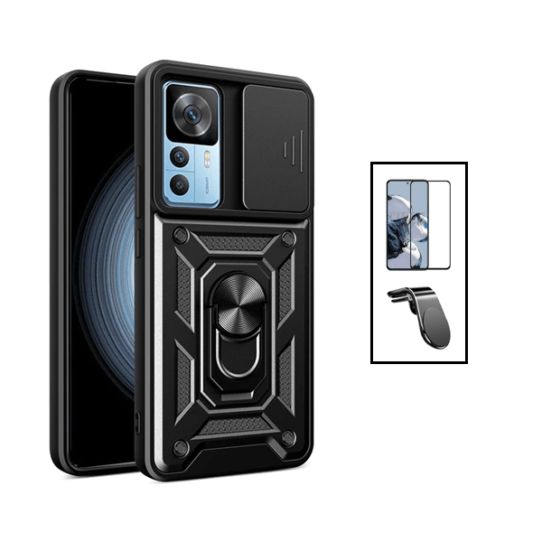 Kit Vidro Premium Full Cover + Capa Magnetic Military Defender Slide Window Anti-Impacto + Suporte Magnético L Safe Driving Carro para Xiaomi 12T Pro - Preto