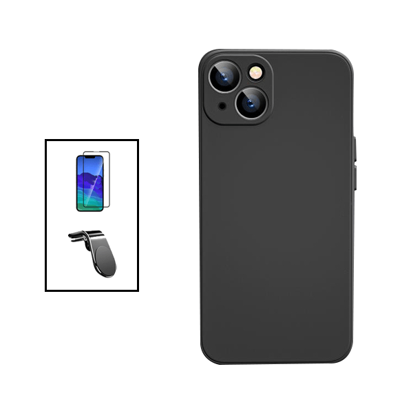 Kit Vidro Premium Full Cover + Capa Silicone Líquido + Suporte Magnético L Safe Driving Carro para Apple iPhone 14 - Preto