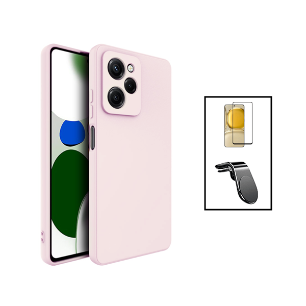 Kit Vidro Premium Full Cover + Capa Silicone Líquido + Suporte Magnético L Safe Driving Carro para Xiaomi Poco X5 Pro - Rosa