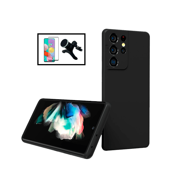 Kit Vidro Premium Full Cover + Capa Silicone Líquido + Suporte Magnético Reforçado de Carro para Samsung Galaxy S22 Ultra 5G