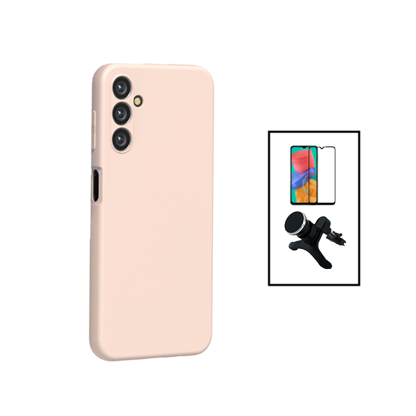 Kit Vidro Premium Full Cover + Capa Silicone Líquido + Suporte Magnético de Carro Reforçado para Samsung Galaxy A14 5G - Rosa