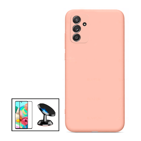 Kit Vidro Premium Full Cover + Capa Silicone Líquido + Suporte Magnético de Carro para Samsung Galaxy M52 5G - Rosa